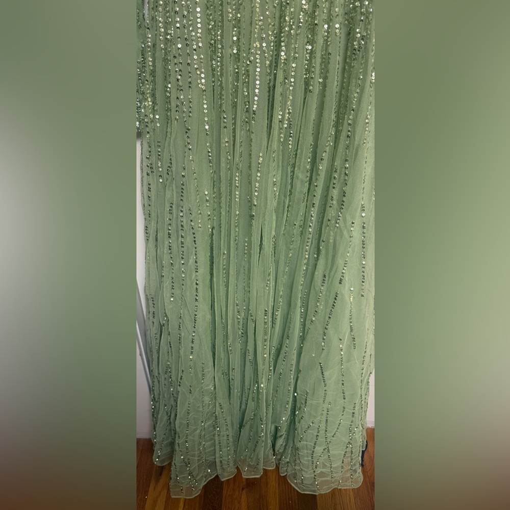 NWT| 5636 Sage Green Illusion High Neck Long Sleeve Embellished Gown Size 10 - Picture 7 of 15